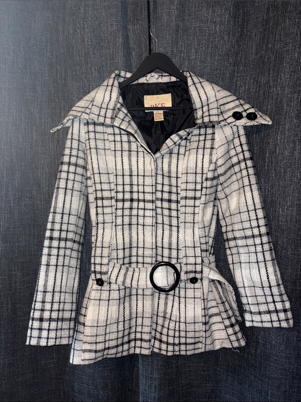 BKE Black & White Plaid Belted Peplum Trench Coat